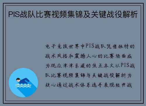PIS战队比赛视频集锦及关键战役解析