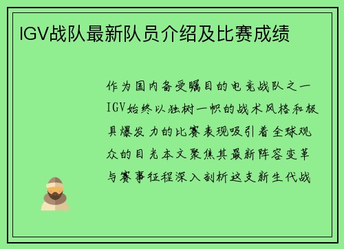 IGV战队最新队员介绍及比赛成绩